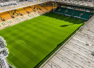 Hugh Jackman reveals Norwich City investment talks NORWICH, GB - May 05, 2019: Drone shot above Norwich City Football Club looking onto pitch