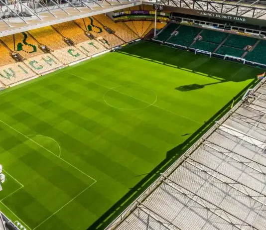 Hugh Jackman reveals Norwich City investment talks NORWICH, GB - May 05, 2019: Drone shot above Norwich City Football Club looking onto pitch