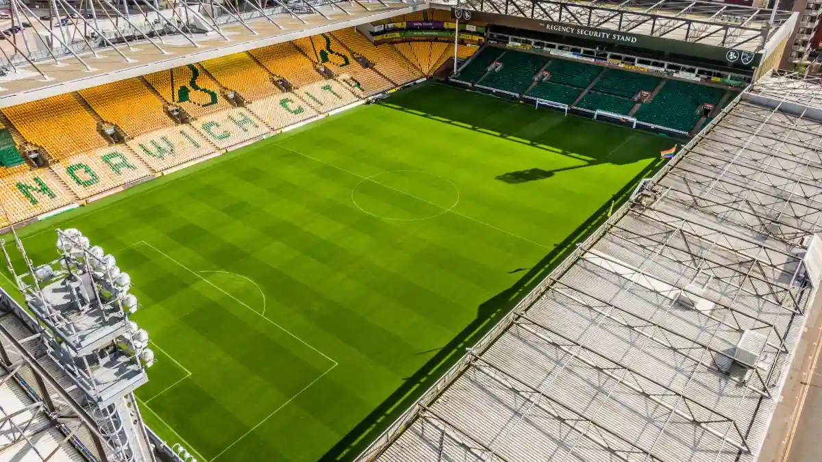 NORWICH, GB - May 05, 2019: Drone shot above Norwich City Football Club looking onto pitch